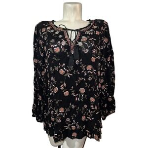 Casual Express Womens Large Black Floral Embroidered Boho Tassel Blouse L